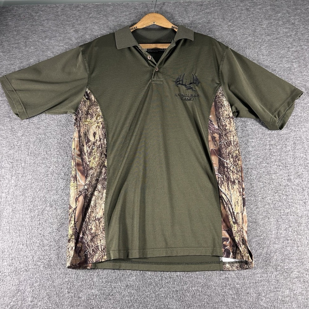 LongLeaf Camo Mens Polo Shirt Sz M Green Camo Sides Deer Hunting Outdoors